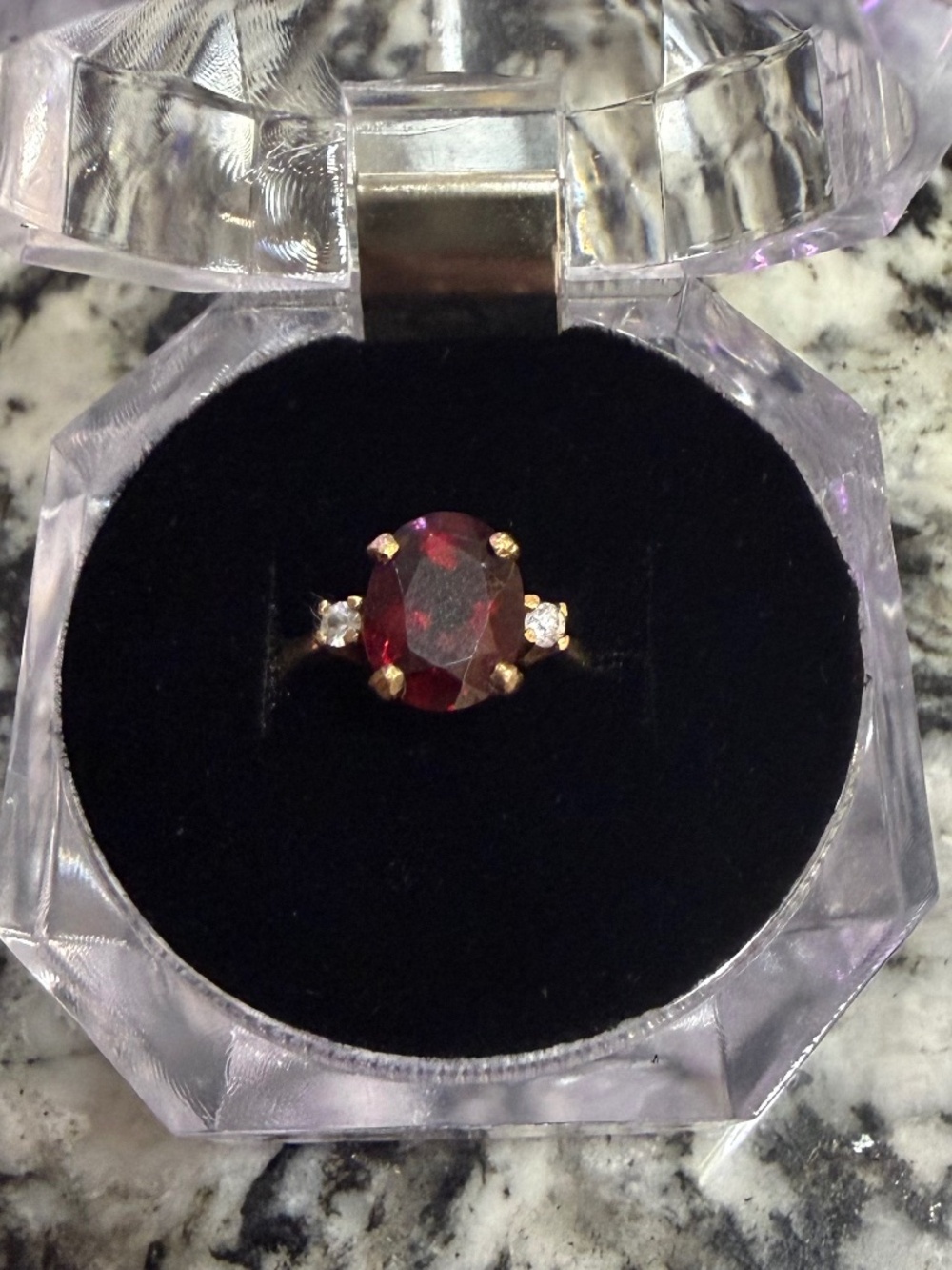 Garnet Ring with Gold Band and CZ Side Stones